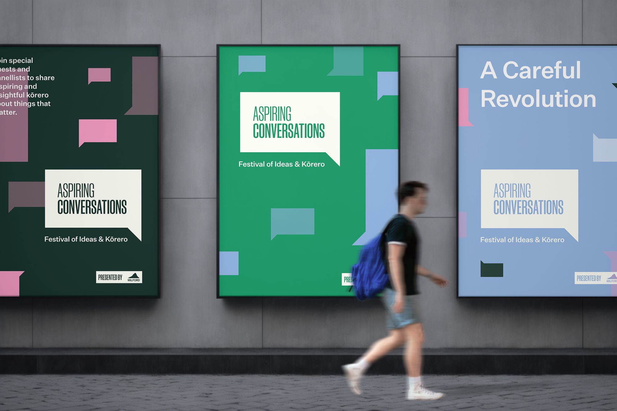 Aspiring Conversations: Festival identity, print and signage for a festival of ideas and kōrero.