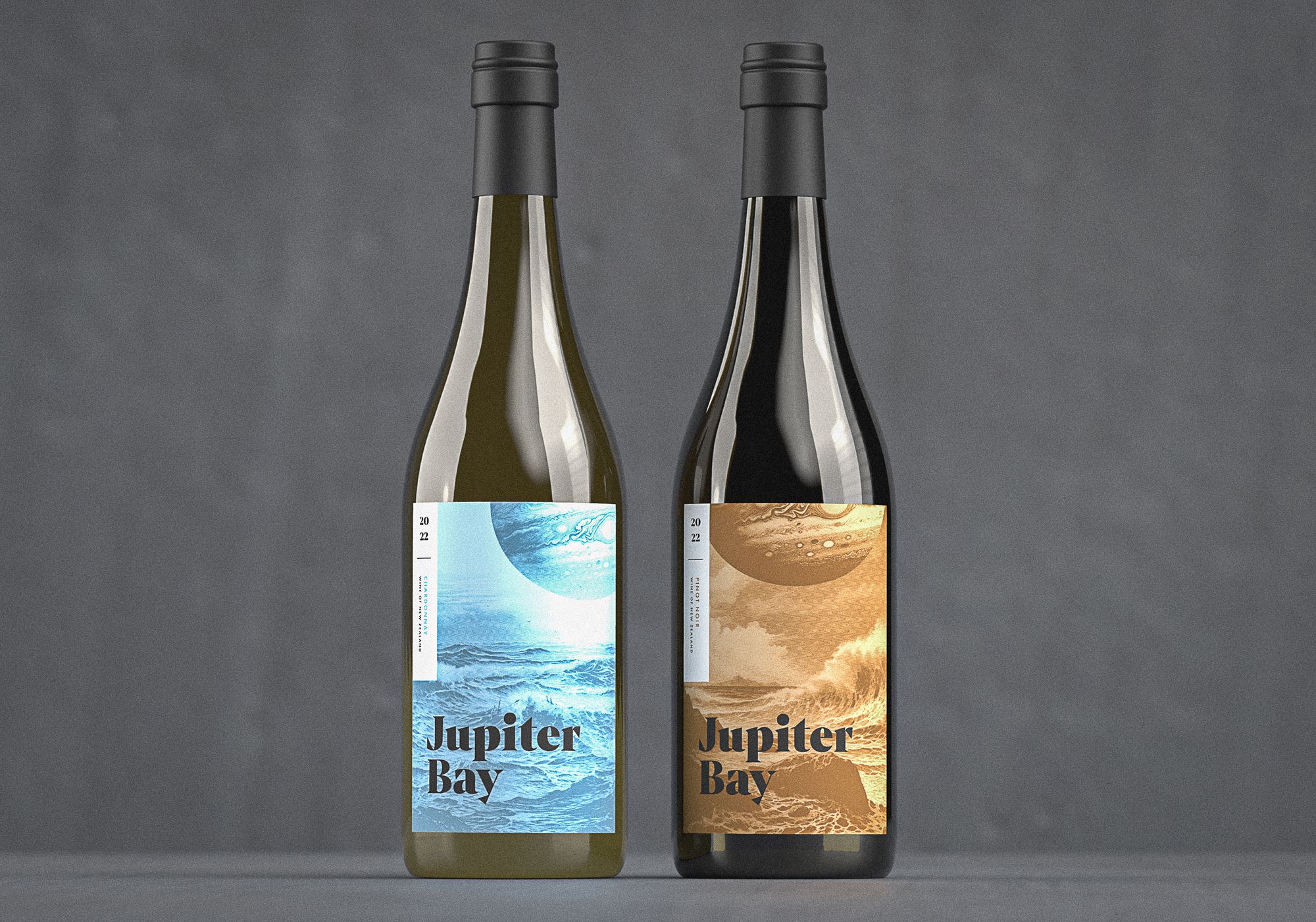 Jupiter Bay: Brand, original illustration and label design for a New Zealand wine.